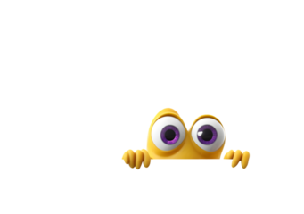 A whimsical yellow cartoon character peeks from the darkness, with large, expressive purple eyes and a playful appearance, transparent background