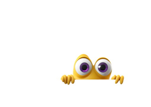 A whimsical yellow cartoon character peeks from the darkness, with large, expressive purple eyes and a playful appearance, transparent background