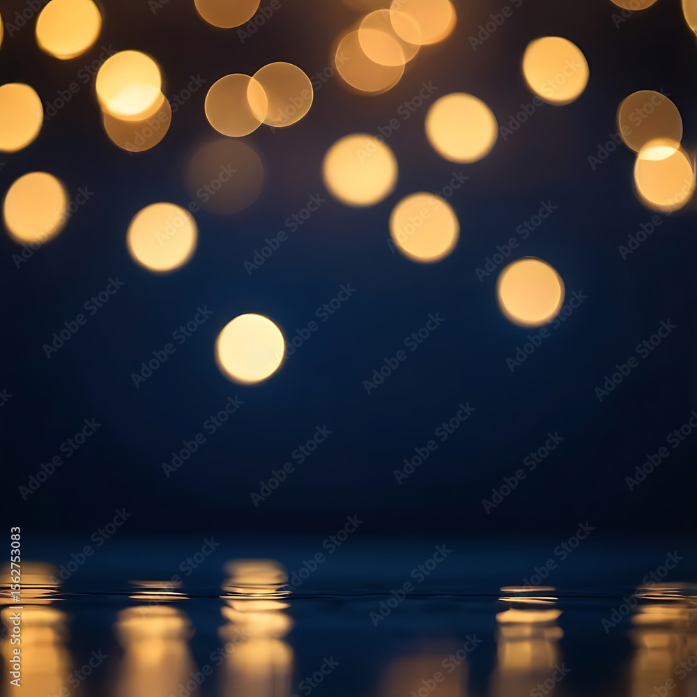 Poster golden bokeh lights glowing on a deep blue abstract background with smooth texture and modern design