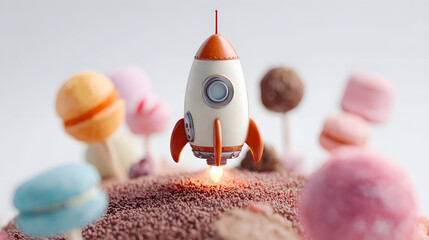 Whimsical Rocket Launching from a Candy Planet