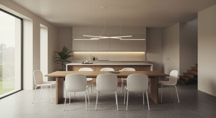 Fototapeta premium Modern Minimalist Dining Room with Wooden Table and White Chairs in Bright Natural Light