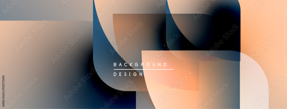 Poster Abstract geometric shapes overlap, creating soft color gradients. Design features peach, blue, gray tones. Minimalist aesthetic.