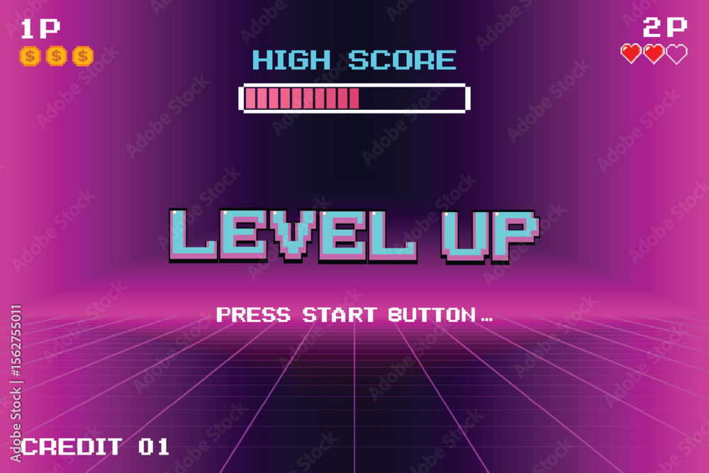 Poster level up. press start button. pixel art .8 bit game. retro game. for game assets in vector illustrat
