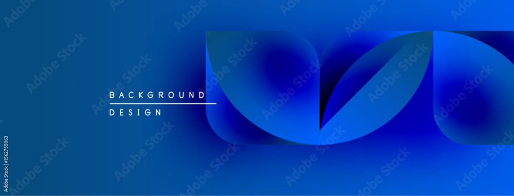 Poster abstract blue design features flowing ribbons, gradients. minimalist style with text elements, dark 