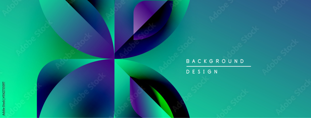 Poster Abstract floral design. Vivid gradients create dynamic petal shapes. Modern background with text elements. Simple, clean aesthetic.