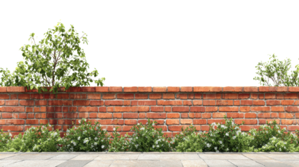 A lush garden scene featuring vibrant green plants against a rustic brick wall, isolated on a white background.