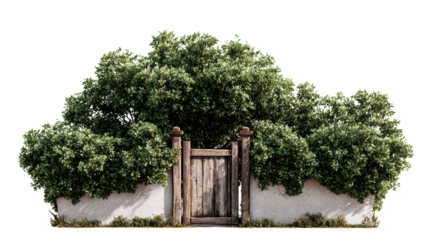 A lush green bush with a rustic wooden gate surrounded by a white wall, isolated on a clean background.