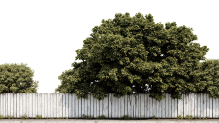 A lush, green tree next to a wooden fence on a clear day, isolated on a white background for design purposes.