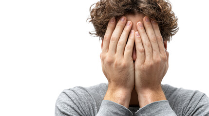 Fototapeta premium A person covering their face with hands, expressing emotions and vulnerability, isolated on white background.