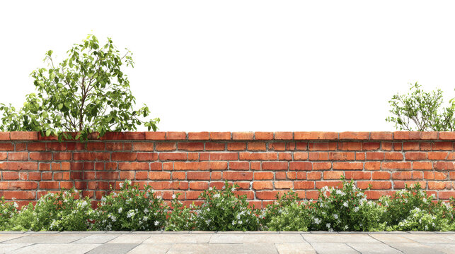 Fototapeta A lush garden scene featuring vibrant green plants against a rustic brick wall, isolated on a white background.