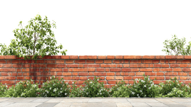 A lush garden scene featuring vibrant green plants against a rustic brick wall, isolated on a white background.