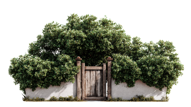 A lush green bush with a rustic wooden gate surrounded by a white wall, isolated on a clean background.