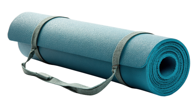 Blue yoga mat with strap, rolled up, perfect for fitness, exercise, and relaxation on a white isolated background.
