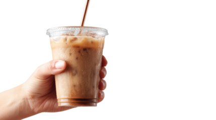 Hand holding iced coffee in a plastic cup with straw, white isolate background.