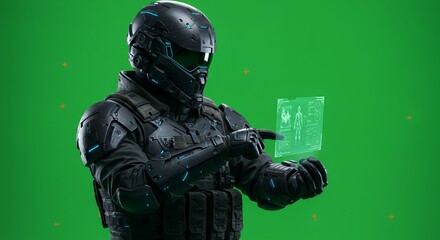 Futuristic soldier interacts with a holographic interface displaying biometric data, set against a vibrant green screen.