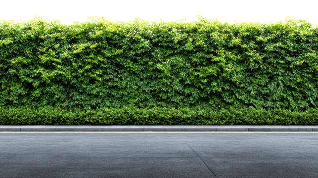 Lush green hedge against a smooth asphalt surface, perfect for landscaping projects and garden design.