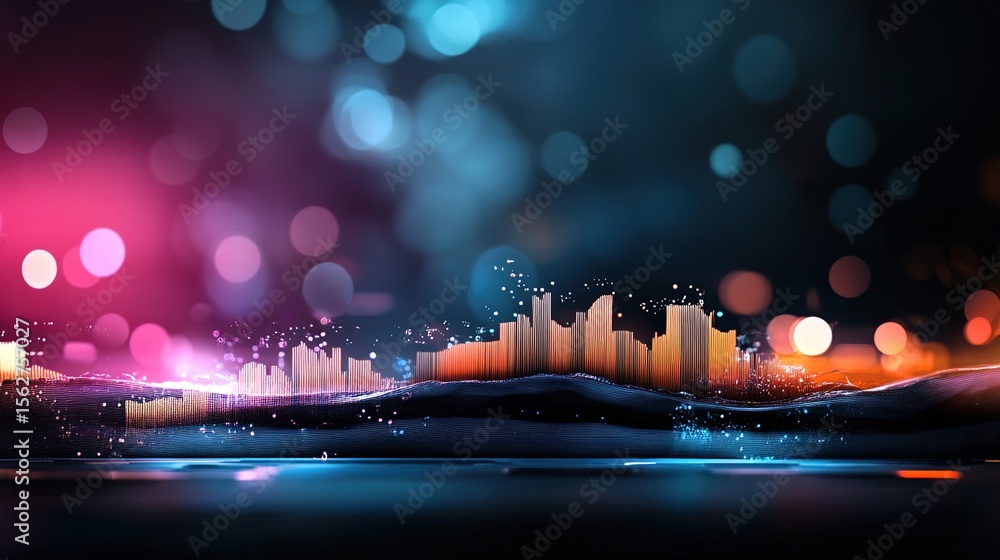 Poster colorful abstract sound waves with bokeh light effects in background