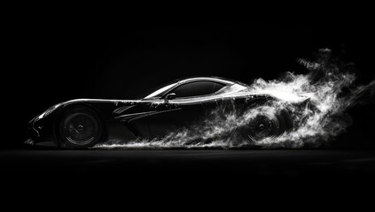 Sleek black sports car in motion, smoke trails