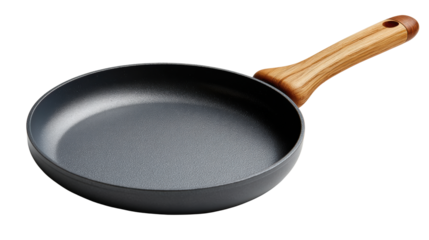 Non-stick frying pan with a wooden handle, isolated on a white background.