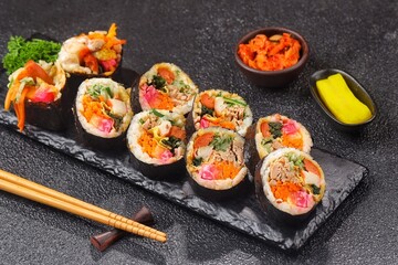Kimbap or also known as gimbap is a typical Korean rice roll