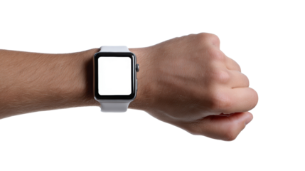 Smartwatch on wrist, displaying empty screen, isolated on white background.