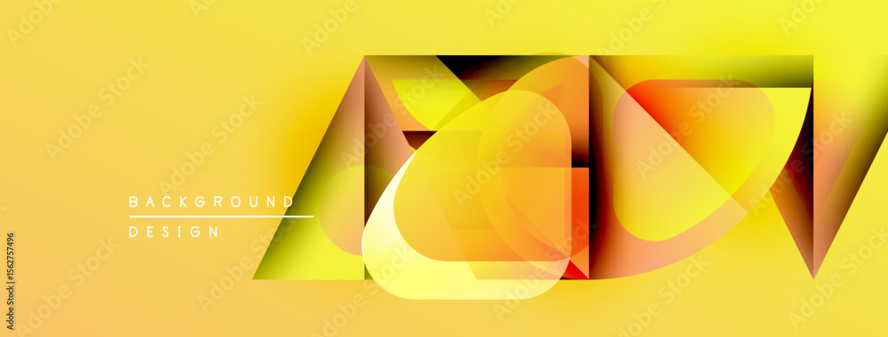 Poster Abstract yellow design features overlapping layers, gradients, geometric shapes. Modern style, vibrant colors create dynamic visual effect.