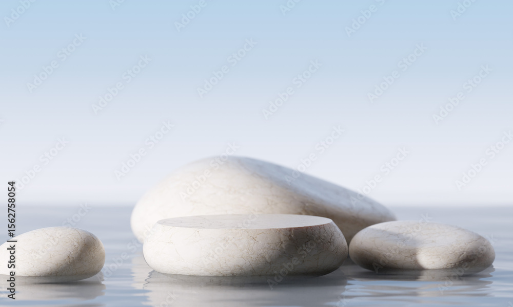 Poster 3d rendering. white pebble stone product display podium on reflective water surface with a soft blue