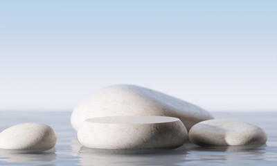 White pebble stone product display podium on reflective water surface with a soft blue sky background. 3D Rendering