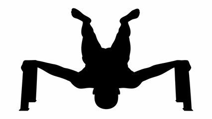 Silhouette of a person performing a handstand with feet up and hands on parallettes exercise equipment