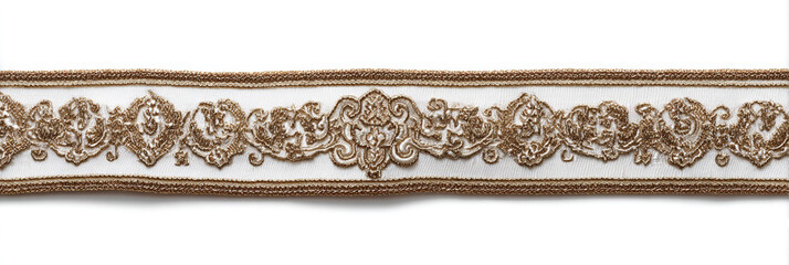 Traditional Korean Hanbok Ribbon – Gold Embroidery on White Fabric, Fully Extended and Isolated on White Background, Perfect for Cultural, Craft, or Textile Design Projects