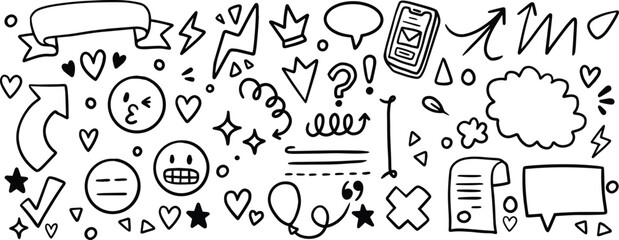Hand-drawn doodle icon set with arrows, speech bubbles, emoji faces, hearts, stars, and symbols. Perfect for social media, creative design, presentations, stickers, and trendy digital projects.