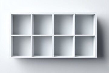 Empty white wall shelf with nine square compartments.
