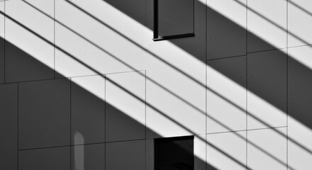  sun creating geometric shadow patterns, contemporary building facade, 