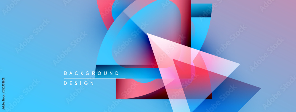 Poster Abstract geometric shapes overlap, creating vibrant blue, pink, purple gradients. Text reads background design in small font. Modern visual composition.