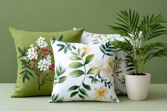 Decorative pillows with floral patterns and a parlor palm creating a cozy atmosphere