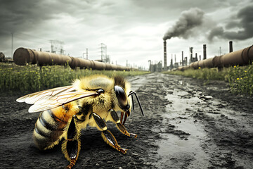 A dystopian industrial scene where a lone bee represents the last connection to nature in a world dominated by pipelines