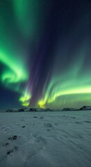 Naklejka premium Northern Lights Aurora Borealis Over Snowy Mountain Landscape at Night