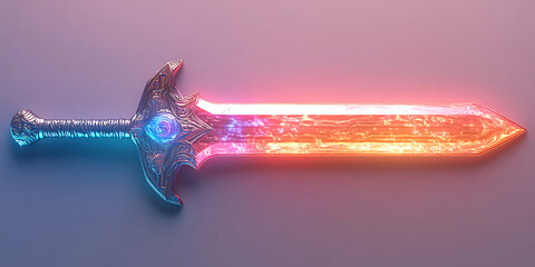 Ornate fantasy sword with neon glow on metallic surface displays artistic design and detail