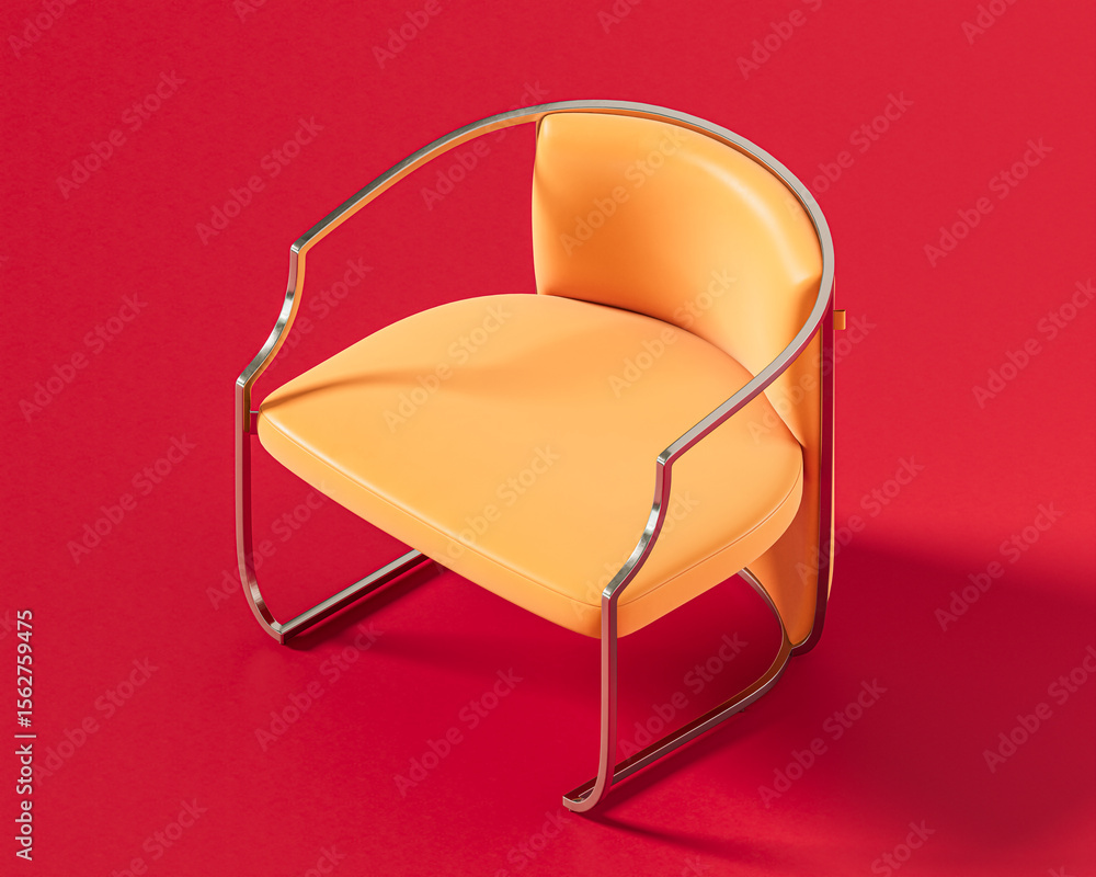 Poster a stylish orange chair with a sleek chrome frame forming its continuous backrest and legs, showcasin