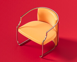 A stylish orange chair with a sleek chrome frame forming its continuous backrest and legs, showcasing a modern and elegant design on red. background, 3d render
