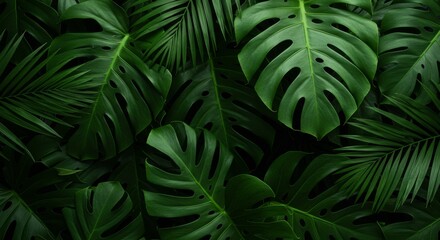 professional botanical photography, bright green monstera and palm leaves, natural July lighting,