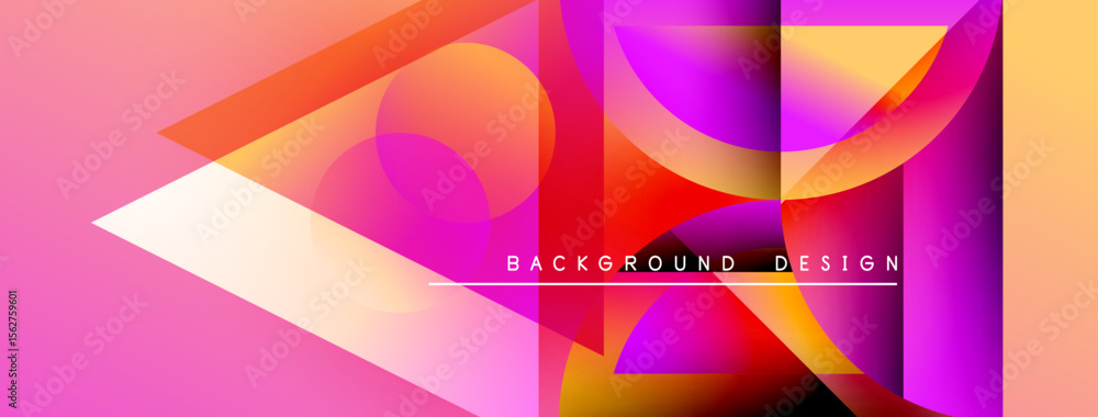 Poster abstract geometric shapes overlap, creating vibrant pink, orange, purple gradients. modern design fe
