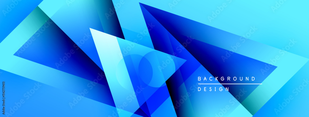 Poster Abstract blue geometric shapes overlap, creating dynamic visual effect. Gradient shades enhance depth, modern design aesthetic.