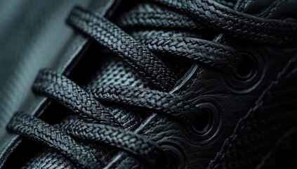 Close-up view of black shoe laces and leather