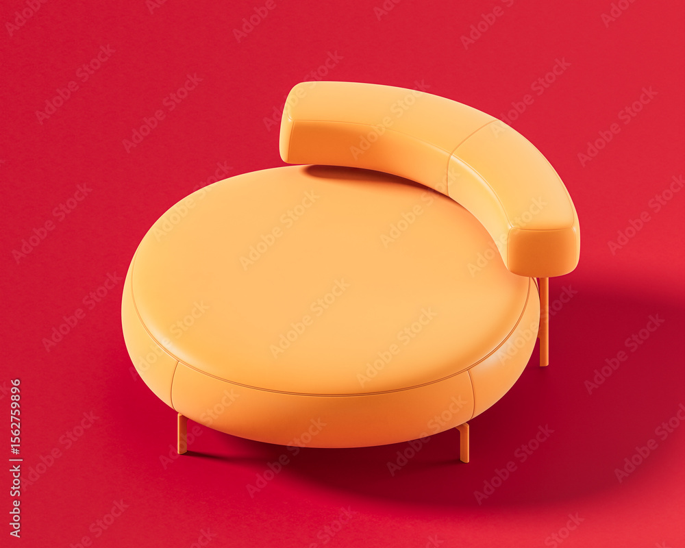 Poster orange, single color round lounge chair with a curved, segmented backrest and slender legs, providin