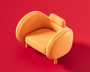 A stylish orange lounge chair with unique large, rounded armrests and an integrated headrest, offering modern comfort and a distinctive design on red, 3d rendering