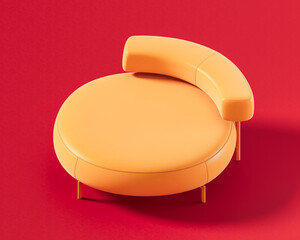 Orange, single color round lounge chair with a curved, segmented backrest and slender legs, providing a distinctive and contemporary design on a red surface, 3d render