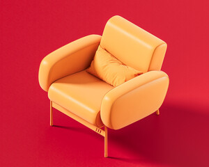 A comfortable orange armchair with soft, rounded armrests and an accent pillow, featuring a modern design with slender legs on a red background, 3d rendering