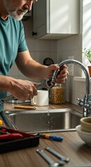 Older Man Wearing Blue Shirt Fixing Kitchen Sink with Adjustable Wrench in Modern Home