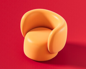 A unique orange round swivel chair with an enveloping, curved backrest, offering a modern and inviting design on a bold red background, 3d render